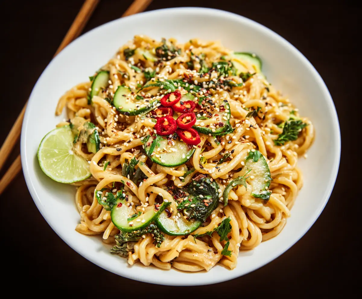 Delicious Miso Sesame Pasta garnished with green onions and sesame seeds, served on a white plate for a flavorful Asian-inspired meal.