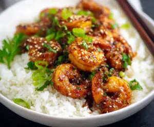 Delicious Mongolian Shrimp with vibrant vegetables and savory sauce on a plate.