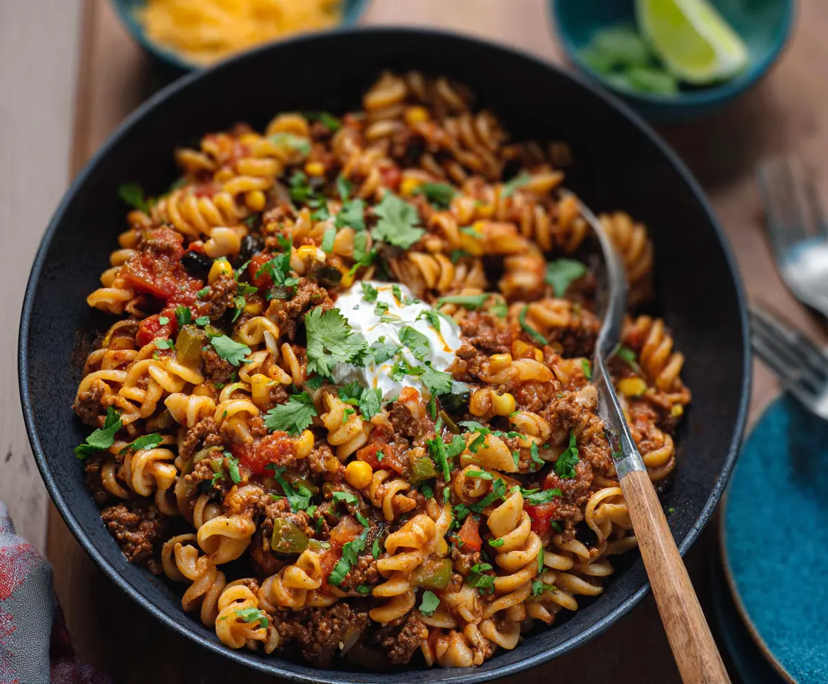 Delicious One Pot Taco Pasta in a bowl, showcasing a savory Mexican-inspired pasta dish with toppings.