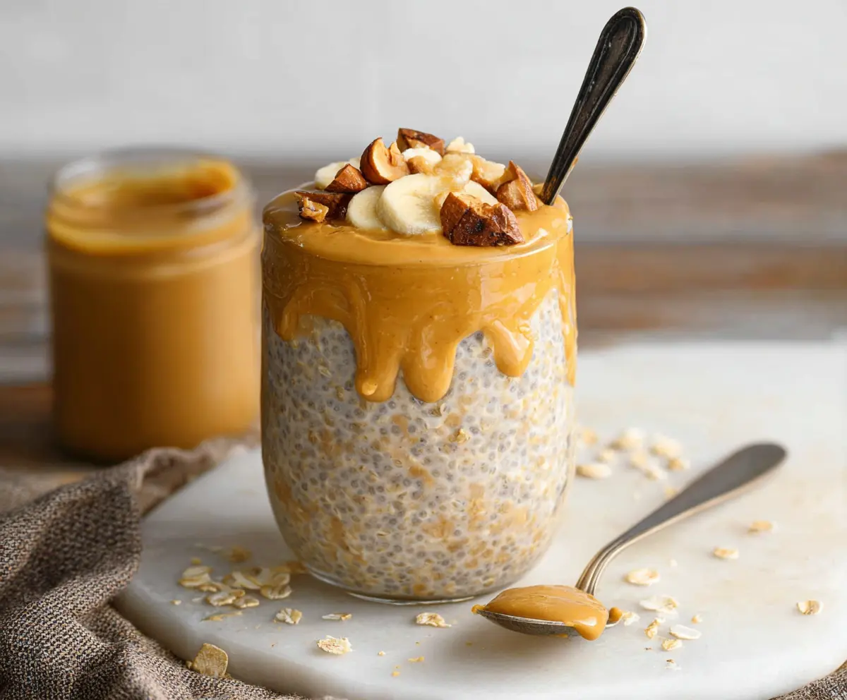 Creamy overnight oats with peanut butter drizzled on top, served in a glass jar for a healthy breakfast.