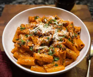 Delicious pasta with creamy pesto vodka sauce, garnished with fresh herbs.