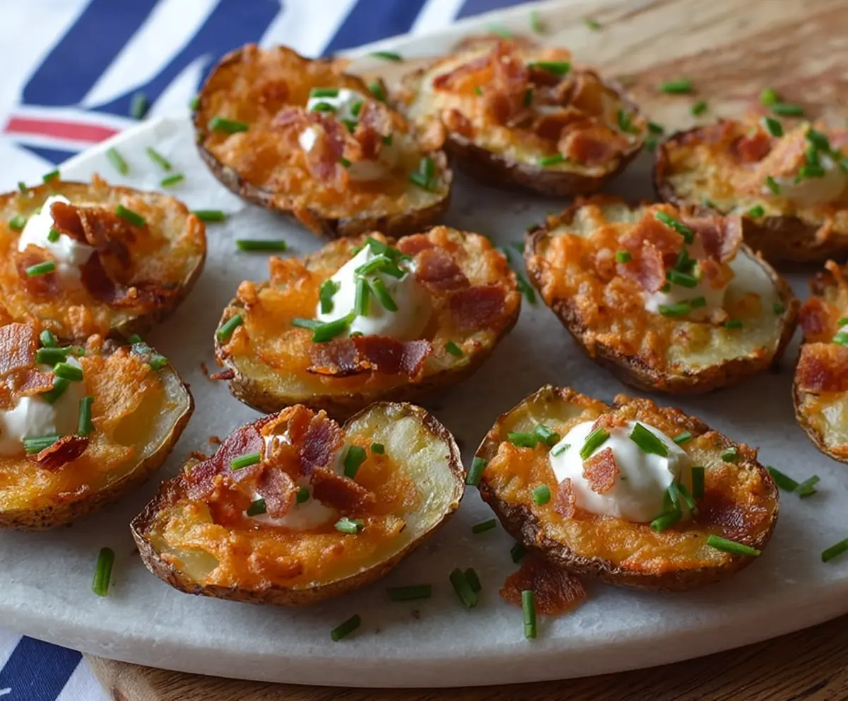 Crispy potato skin bites topped with cheese and herbs, served as a delicious appetizer.