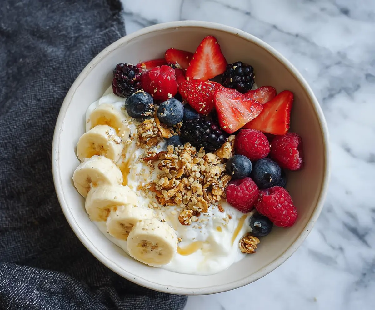 Healthy protein yogurt bowl with fresh fruits and granola for breakfast or snack.