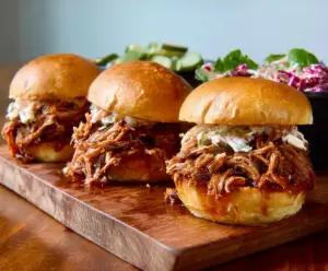 Delicious pulled pork sandwiches topped with barbecue sauce on a bun, served with coleslaw.