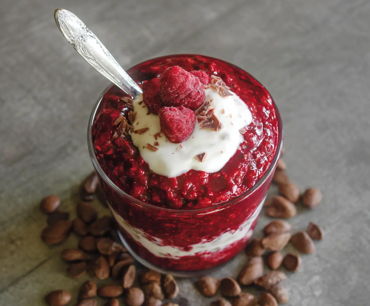 Creamy red velvet overnight oats in a glass jar topped with fresh berries and whipped cream.