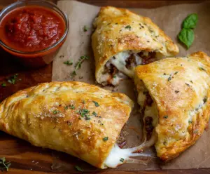 Delicious sausage calzones with golden-brown crust and melted cheese, perfect for a tasty meal.