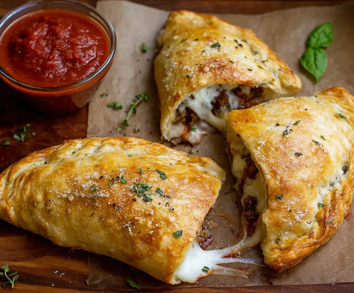 Delicious sausage calzones with golden-brown crust and melted cheese, perfect for a tasty meal.
