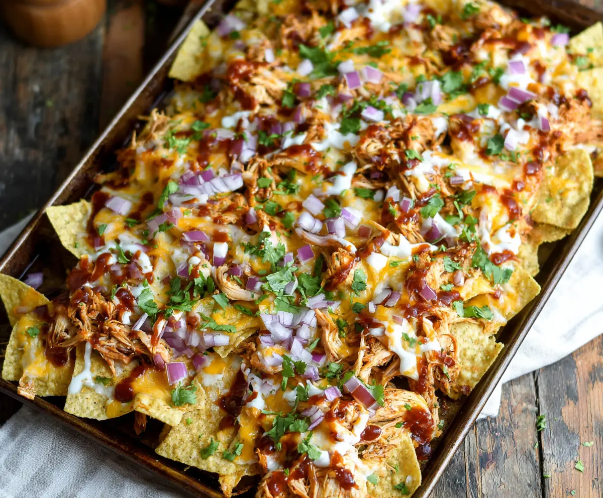 Delicious sheet pan BBQ chicken nachos topped with melted cheese and fresh toppings, perfect for a quick snack or dinner.