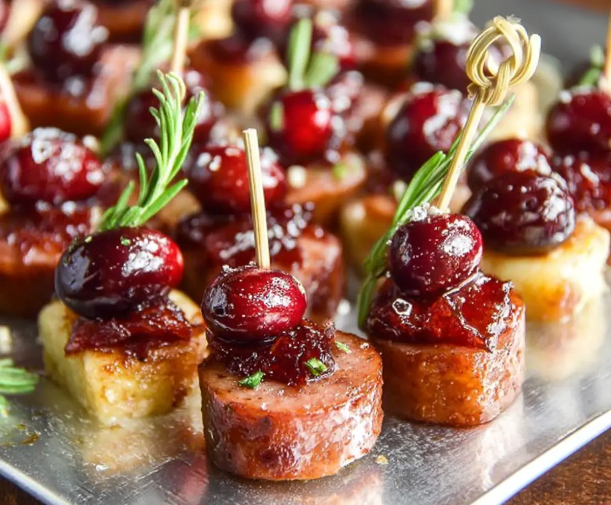 Delicious sheet pan smoked sausage with cranberries ready for oven cooking.