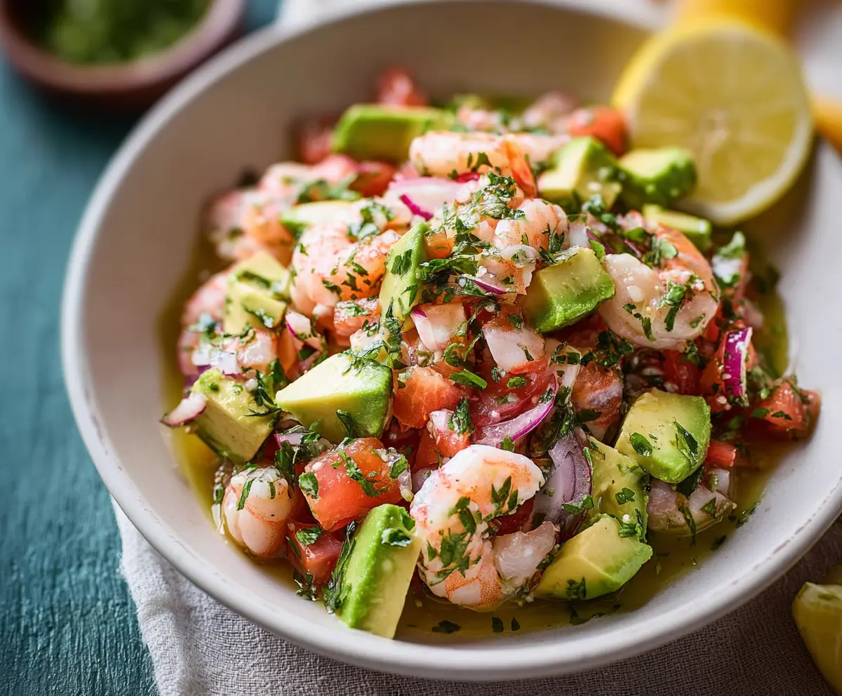 Refreshing shrimp ceviche with avocado, ideal for a light appetizer or summer party.