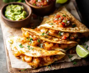 Delicious shrimp quesadillas with melted cheese and crispy tortillas, perfect for a quick appetizer or meal.