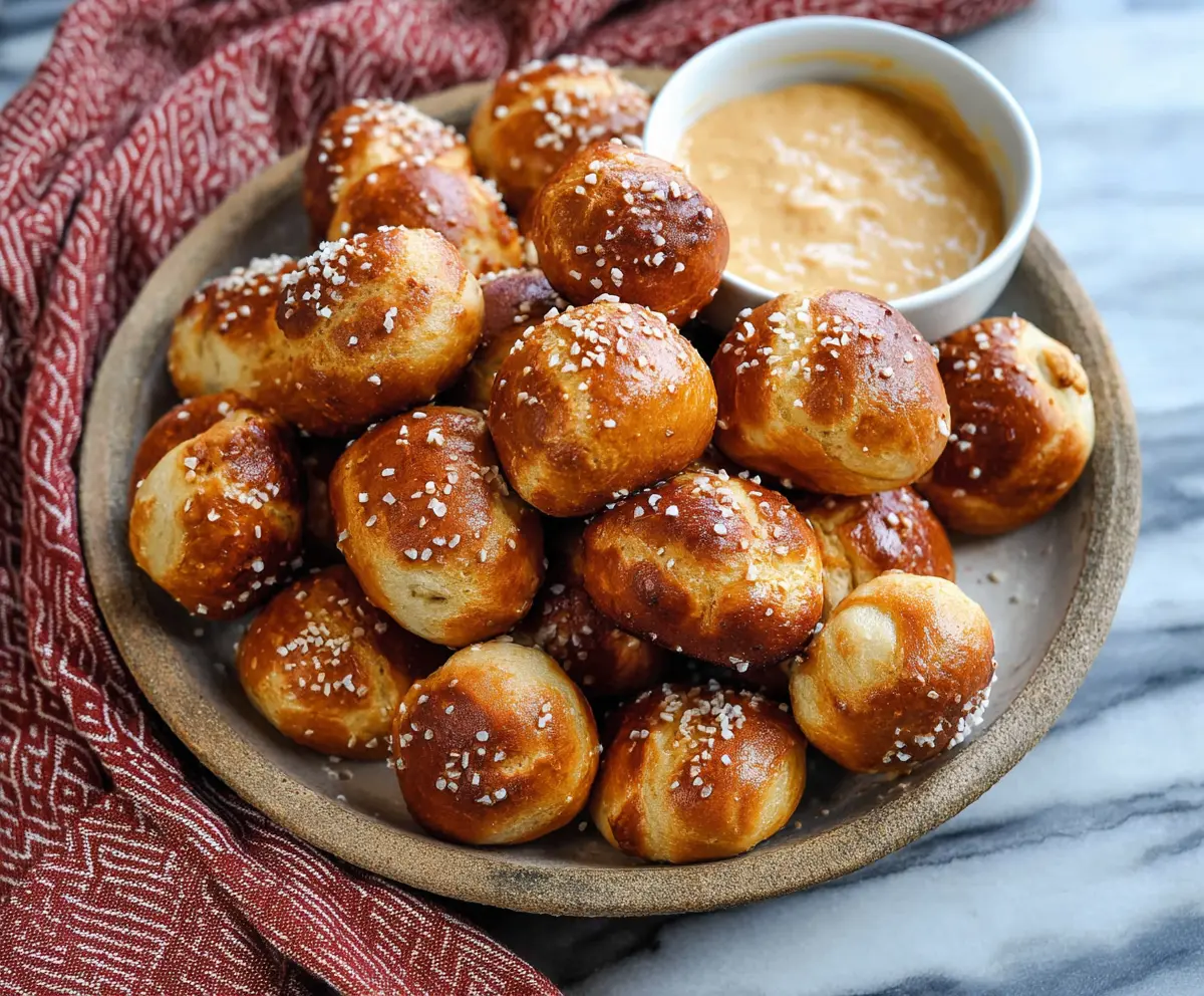 Golden brown soft pretzel bites served with dipping mustard on a rustic wooden table.