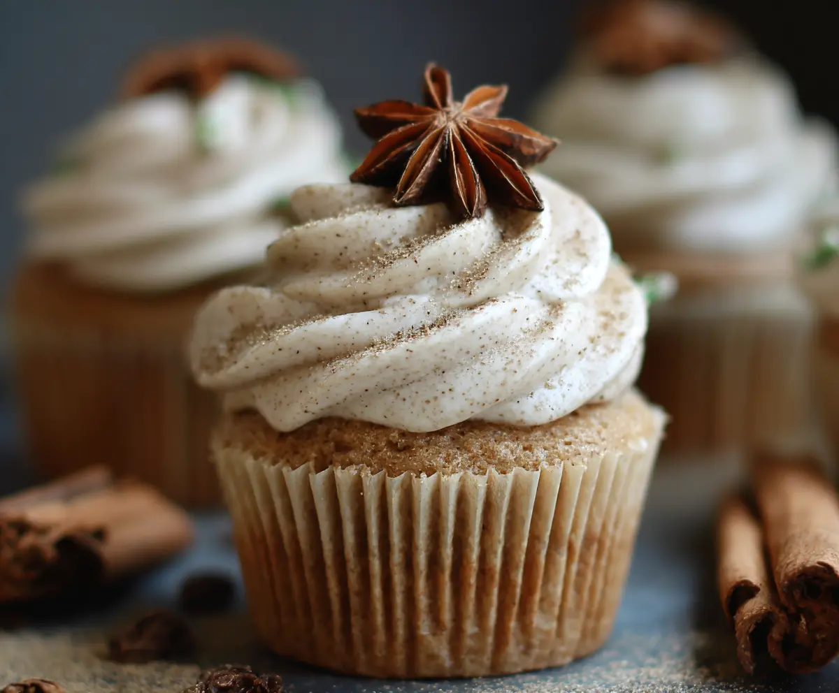 Delicious homemade sourdough chai cupcakes topped with cinnamon and cloves