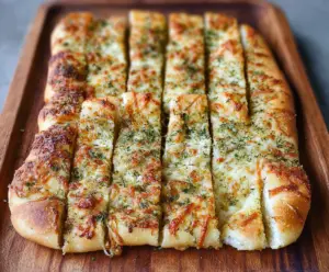 Delicious sourdough cheesy breadsticks fresh out of the oven, perfect for snacking or sharing.