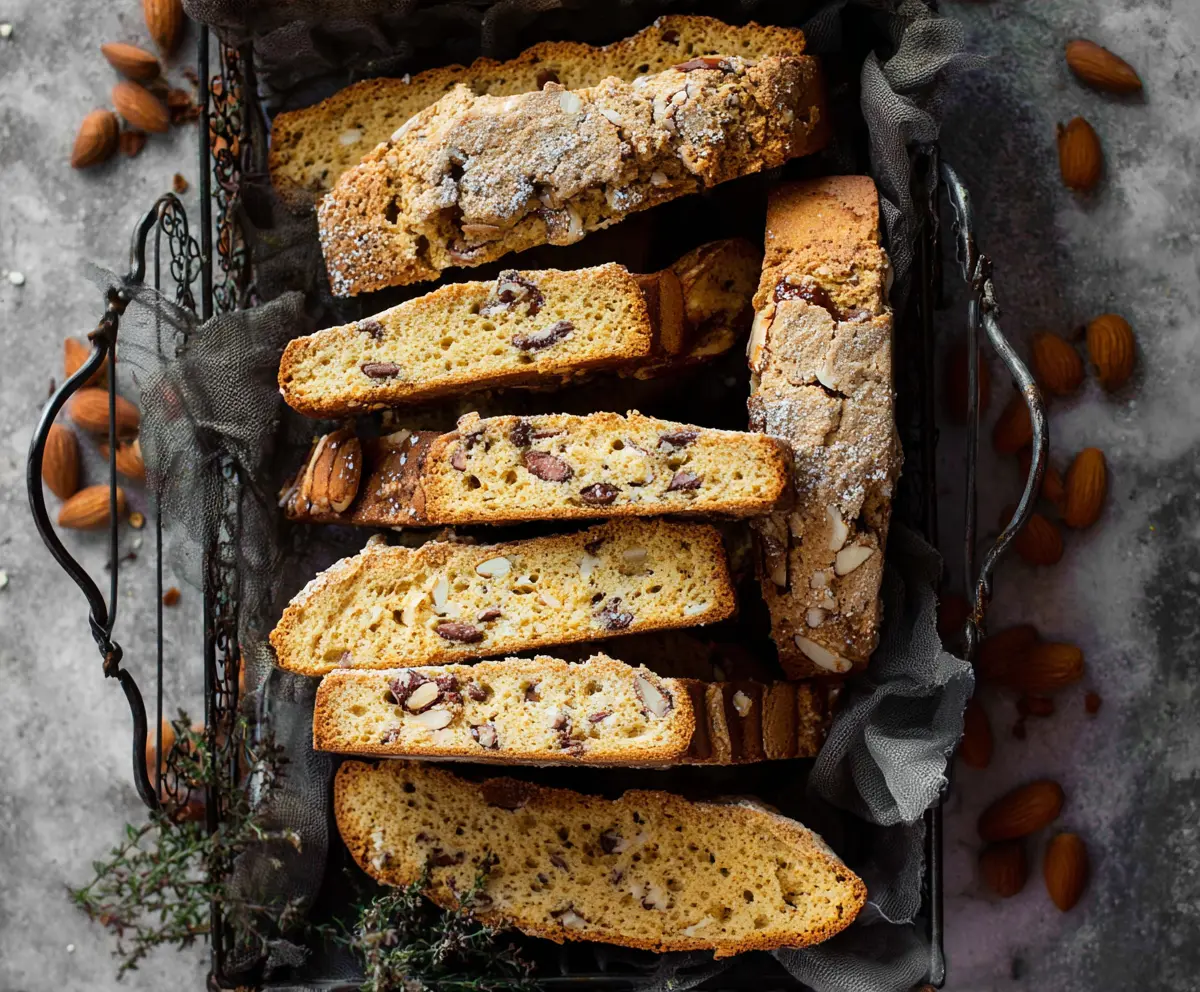 Delicious sourdough discard toasted almond biscotti on a plate with a cup of coffee