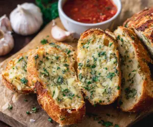 Delicious homemade sourdough garlic bread with golden crust and aromatic garlic toppings.