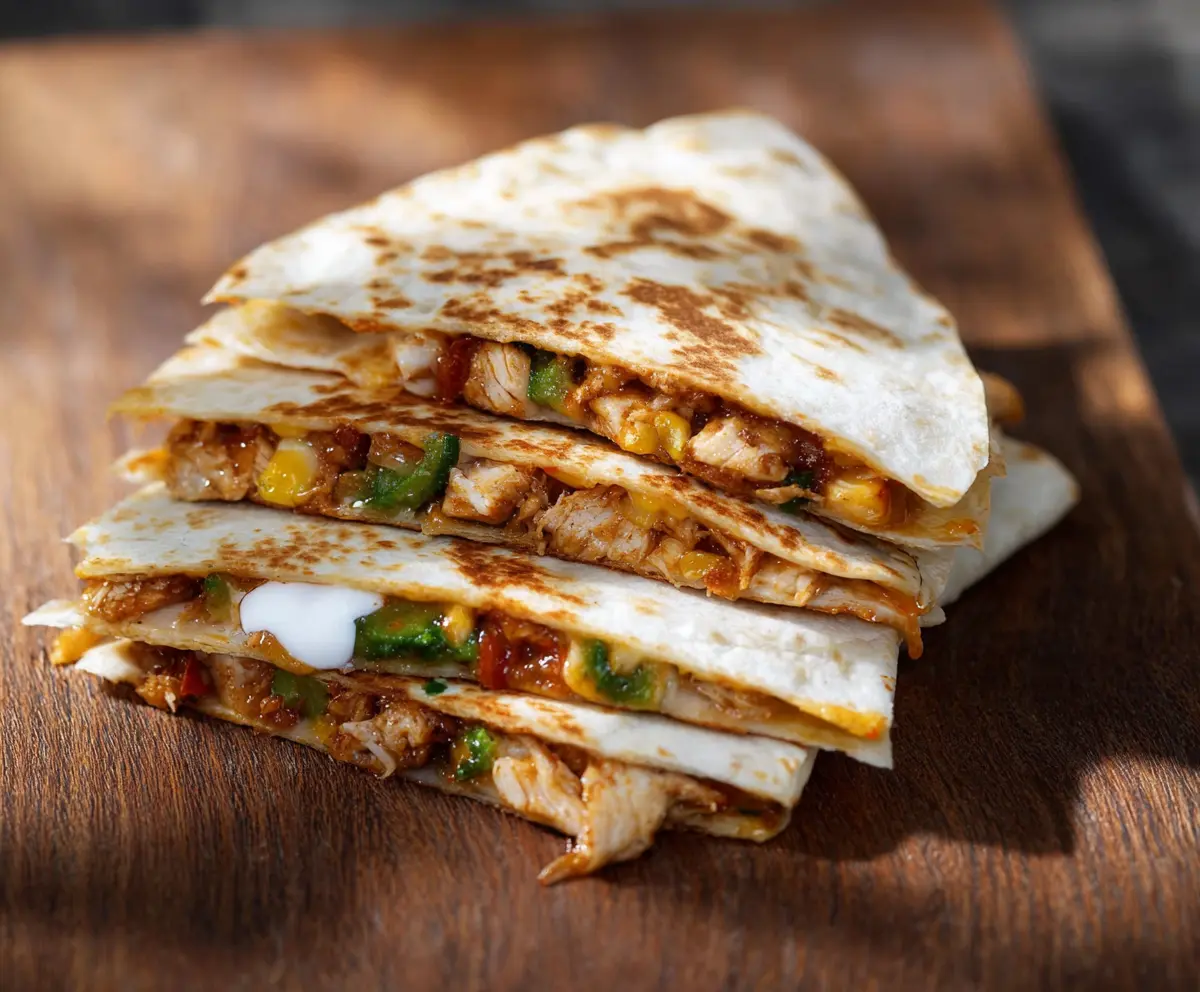 Delicious Southwest Chicken Quesadillas with melted cheese and spicy peppers on a plate.