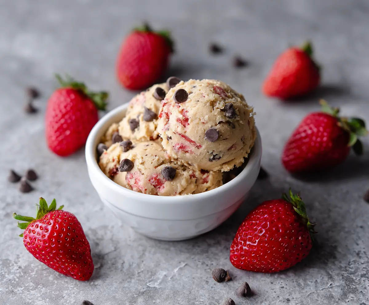Delicious strawberry protein cookie dough in a bowl for a healthy snack or dessert