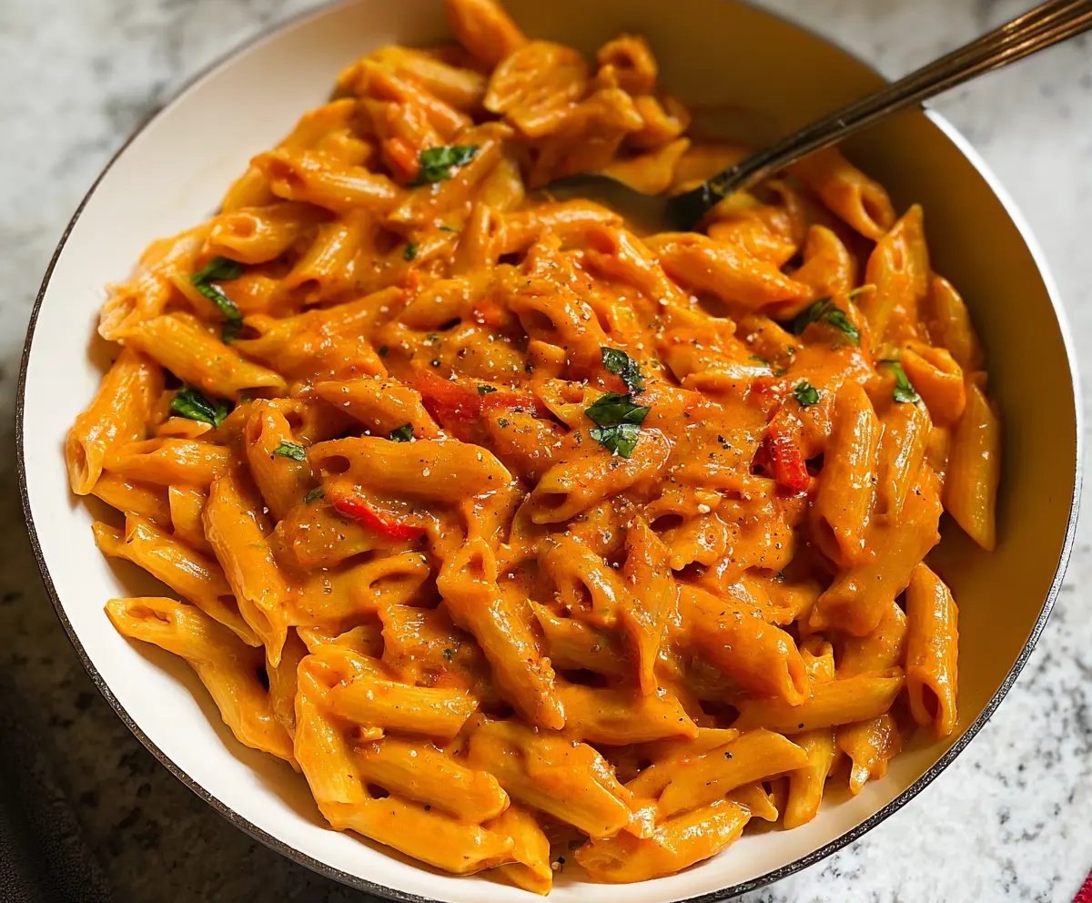 Colorful sweet pepper pasta with fresh vegetables and herbs in a close-up shot.