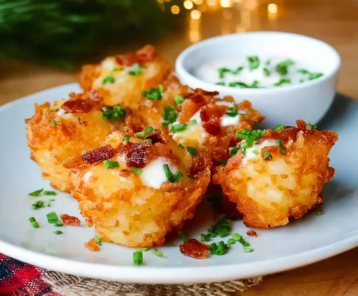 Crispy Tater Tot Bites served with dipping sauce, perfect for appetizers or snacks.