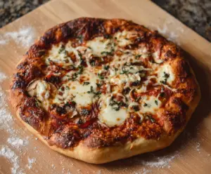 Close-up of a homemade sourdough pizza crust fresh out of the oven.