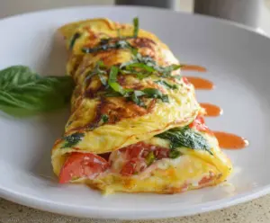 Delicious Tomato Basil Omelet garnished with fresh basil leaves and ripe tomatoes.
