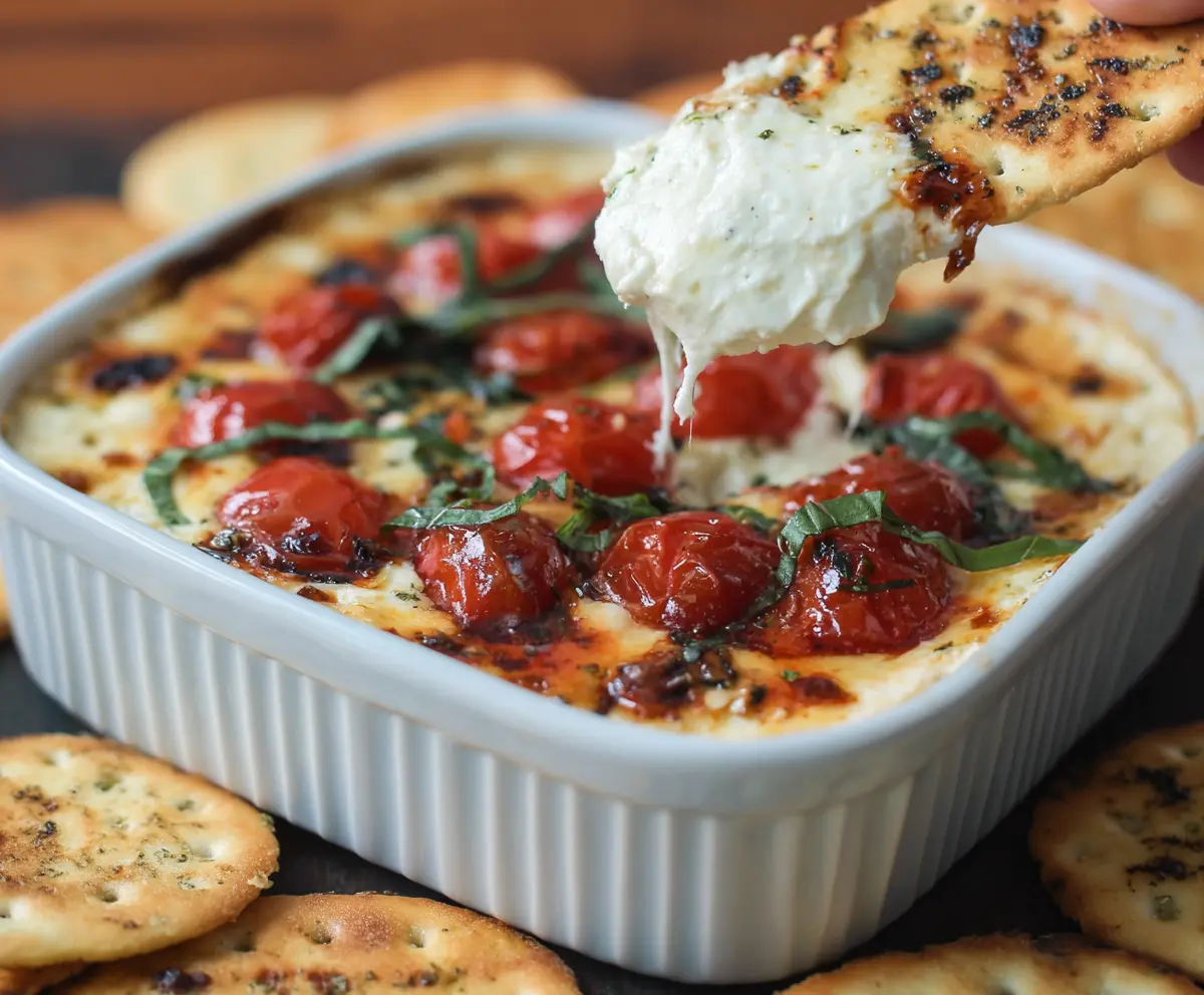Creamy Tomato Mozzarella Caprese Dip garnished with fresh basil for a delicious appetizer.