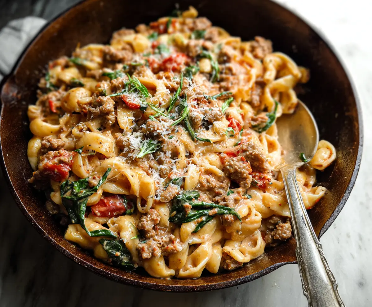 Delicious Tuscan Sausage Pasta with fresh herbs and melted cheese, served on a rustic plate.