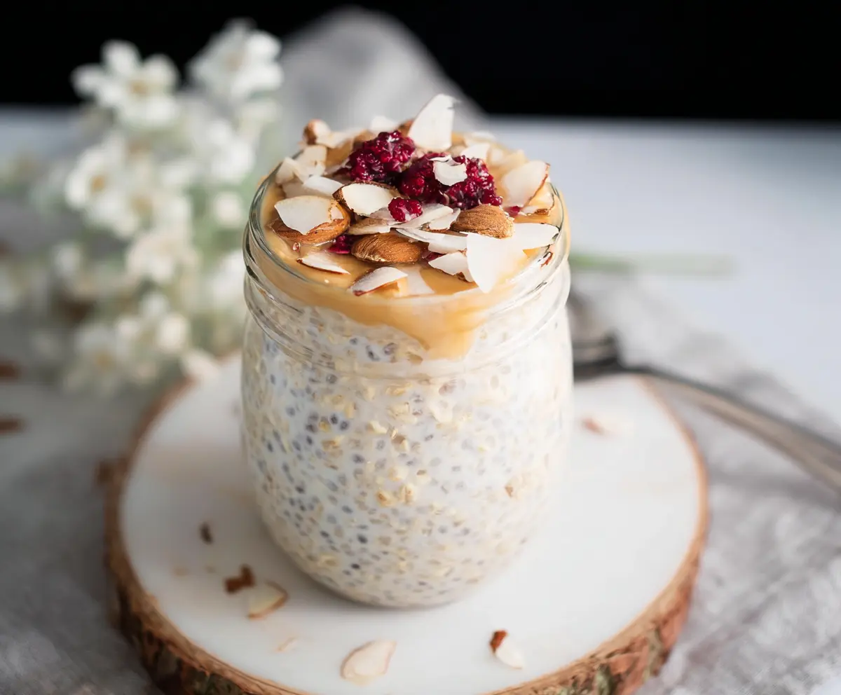 Creamy vanilla overnight oats in a glass jar topped with fresh berries and honey for a healthy breakfast.