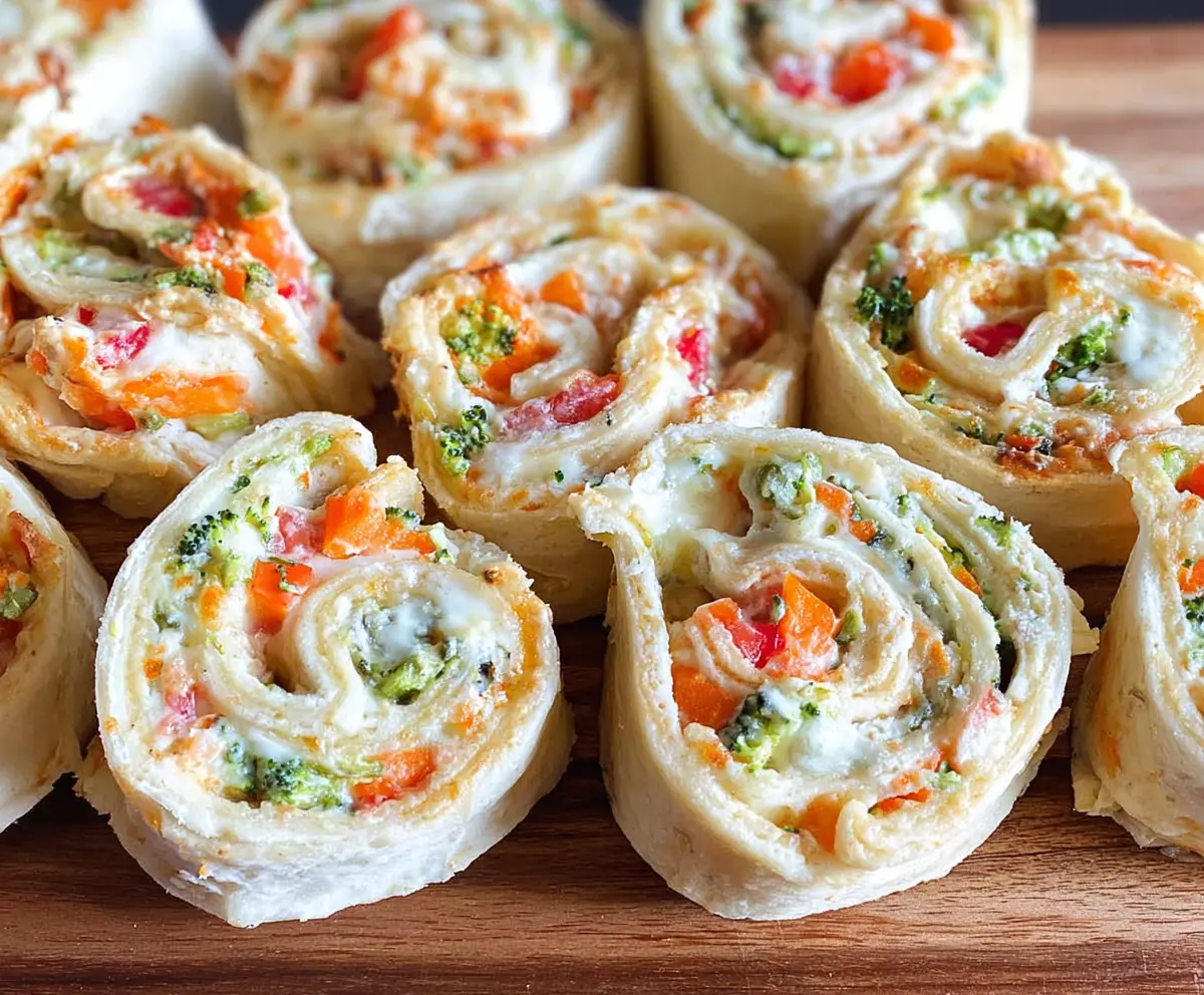 Delicious veggie pizza pinwheels with colorful vegetables and melted cheese