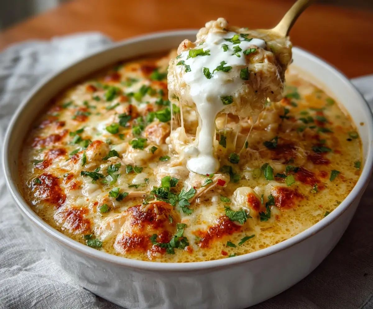 Creamy White Chicken Chili Cottage Cheese Winter Bake served in a baking dish