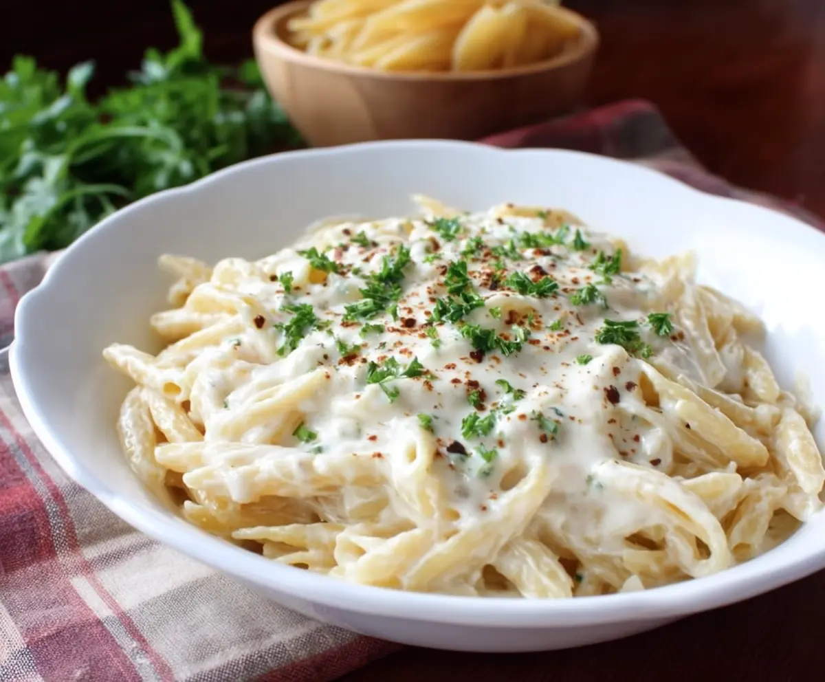 Creamy white pasta sauce with garlic and cheese for delicious Italian dishes
