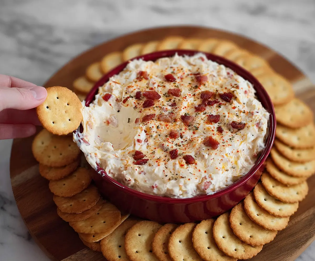 Creamy Alabama Fire Cracker Dip served with fresh vegetables and chips for dipping at a party.