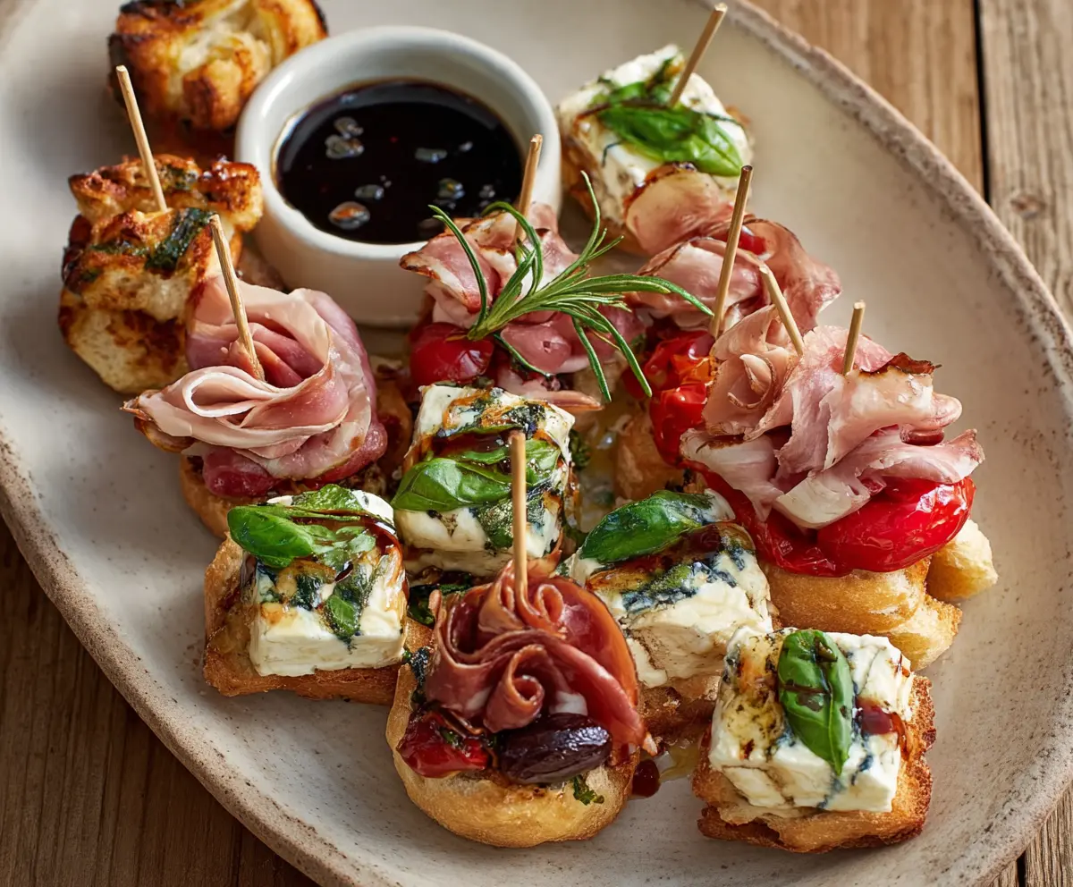 Close-up of colorful Antipasto Bites with cured meats, cheeses, and vegetables on a platter.