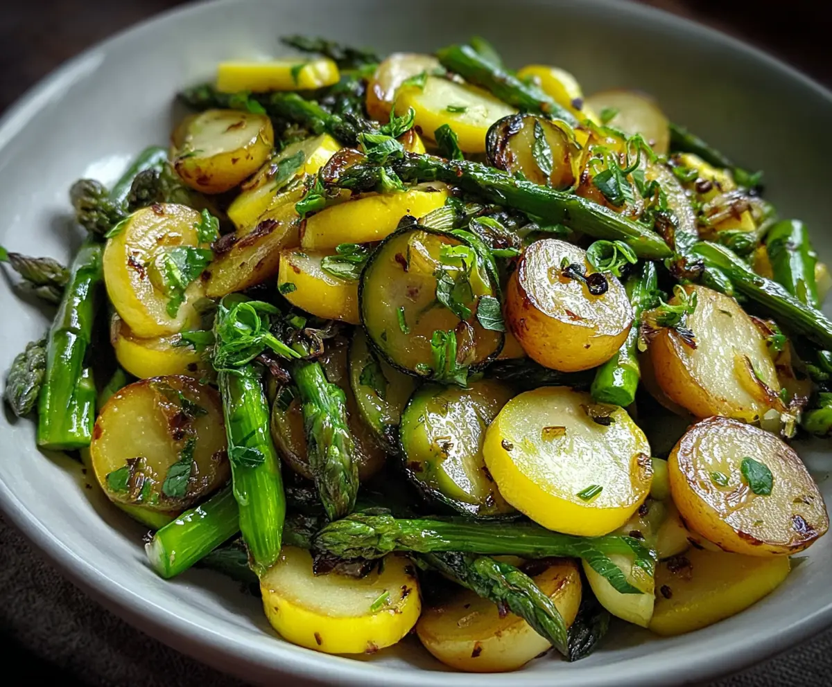 Fresh asparagus with sliced zucchini and yellow squash on a rustic wooden platter, showcasing a colorful vegetable medley.