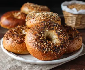 Delicious authentic New York style bagels on a bakery display with sesame seeds.
