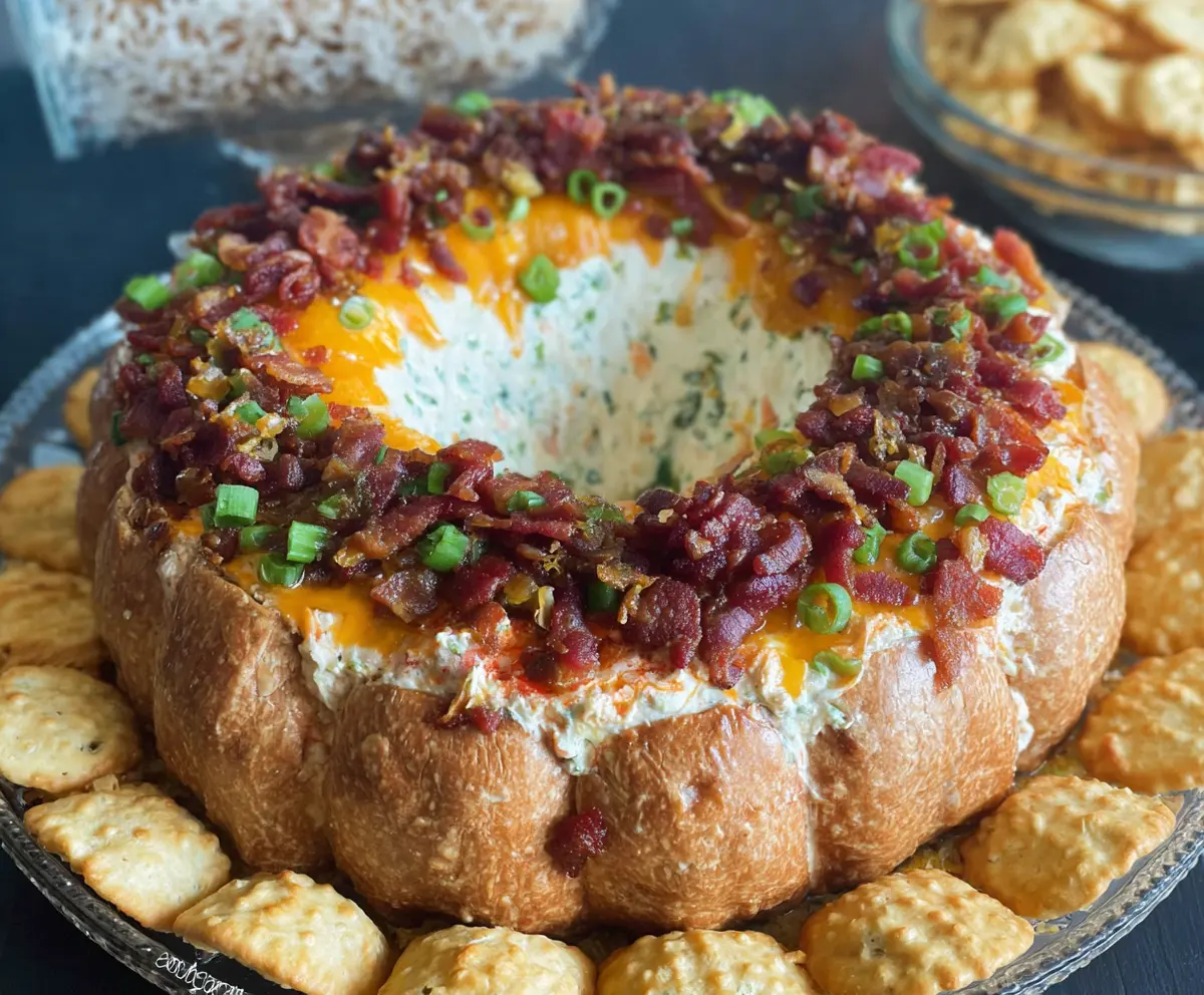 Delicious Bacon Cheese Ring Party Dip served on a platter, perfect for game day snacks.