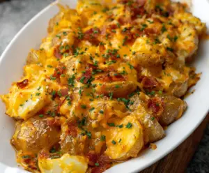 Golden baked cheddar ranch potatoes garnished with herbs, perfect for a savory side dish.
