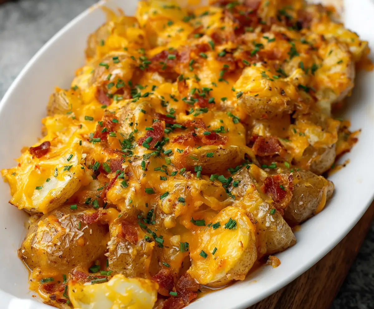 Golden baked cheddar ranch potatoes garnished with herbs, perfect for a savory side dish.