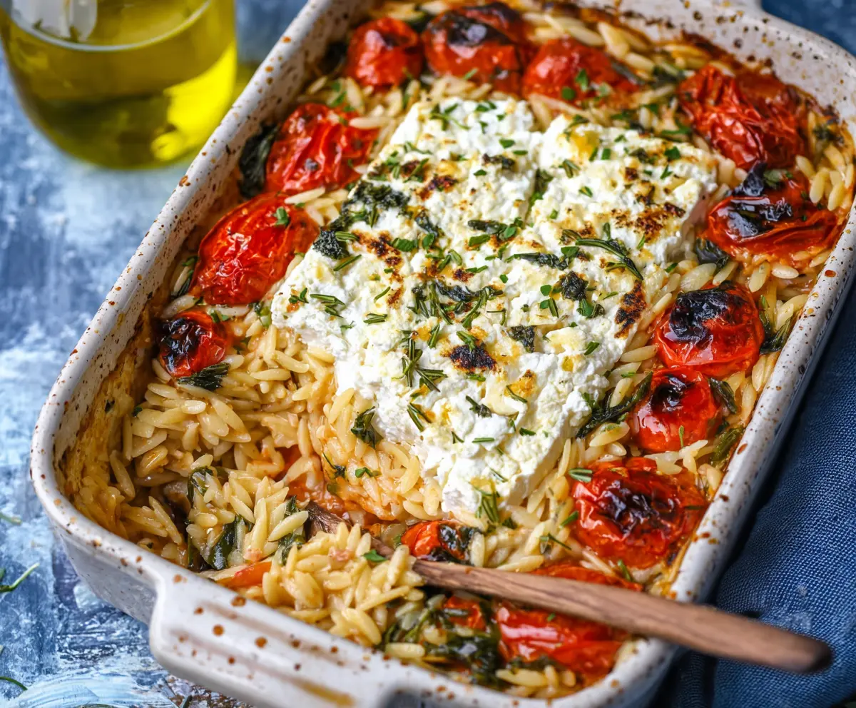 Creamy baked feta cheese with cooked orzo pasta in a flavorful dish, garnished with herbs.
