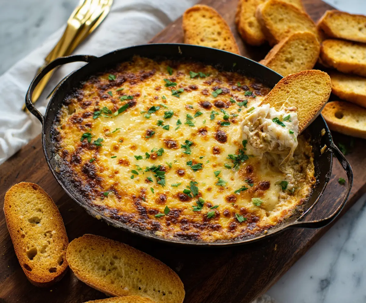 Delicious baked French onion dip topped with melted cheese and crispy onions, perfect for parties.