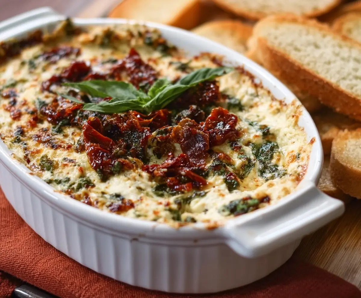 Delicious baked pesto and sun-dried tomato dip served in a bowl, perfect for appetizers and snacks.