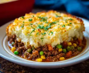 Delicious homemade beef shepherd's pie topped with mashed potatoes and golden crust.