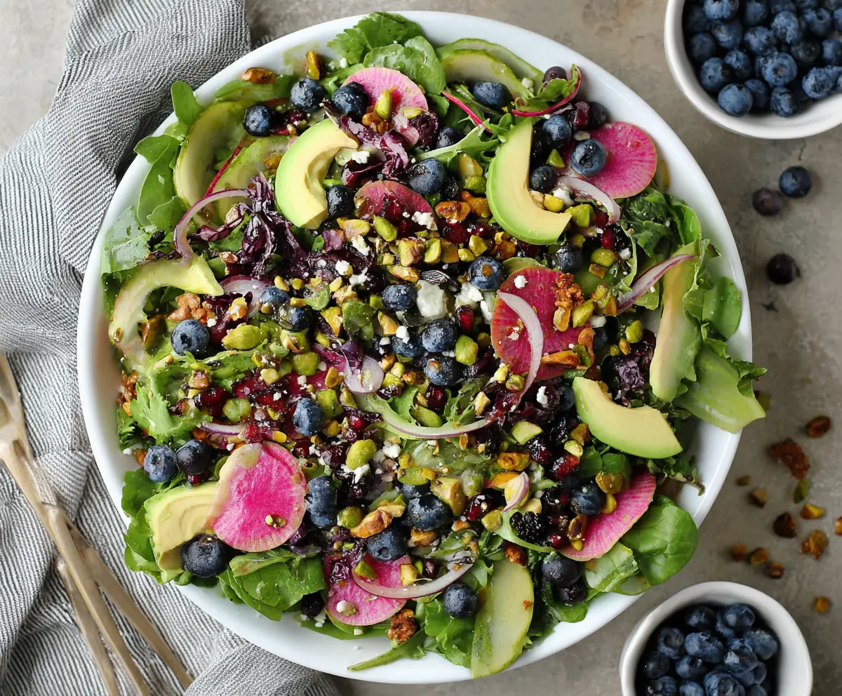 Fresh Blueberry Pistachio Spring Salad in a white bowl, vibrant and colorful with blueberries, pistachios, and greens.