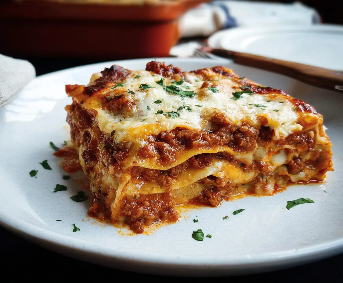 Delicious homemade Bolognese lasagna layered with rich meat sauce and melted cheese.
