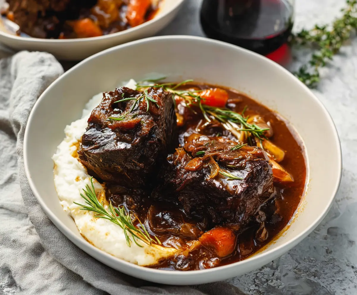 Succulent braised short ribs served with sauce and vegetables, perfect for a comforting dinner.