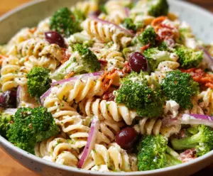Colorful broccoli pasta salad with fresh vegetables and a tangy dressing, perfect for a healthy meal.