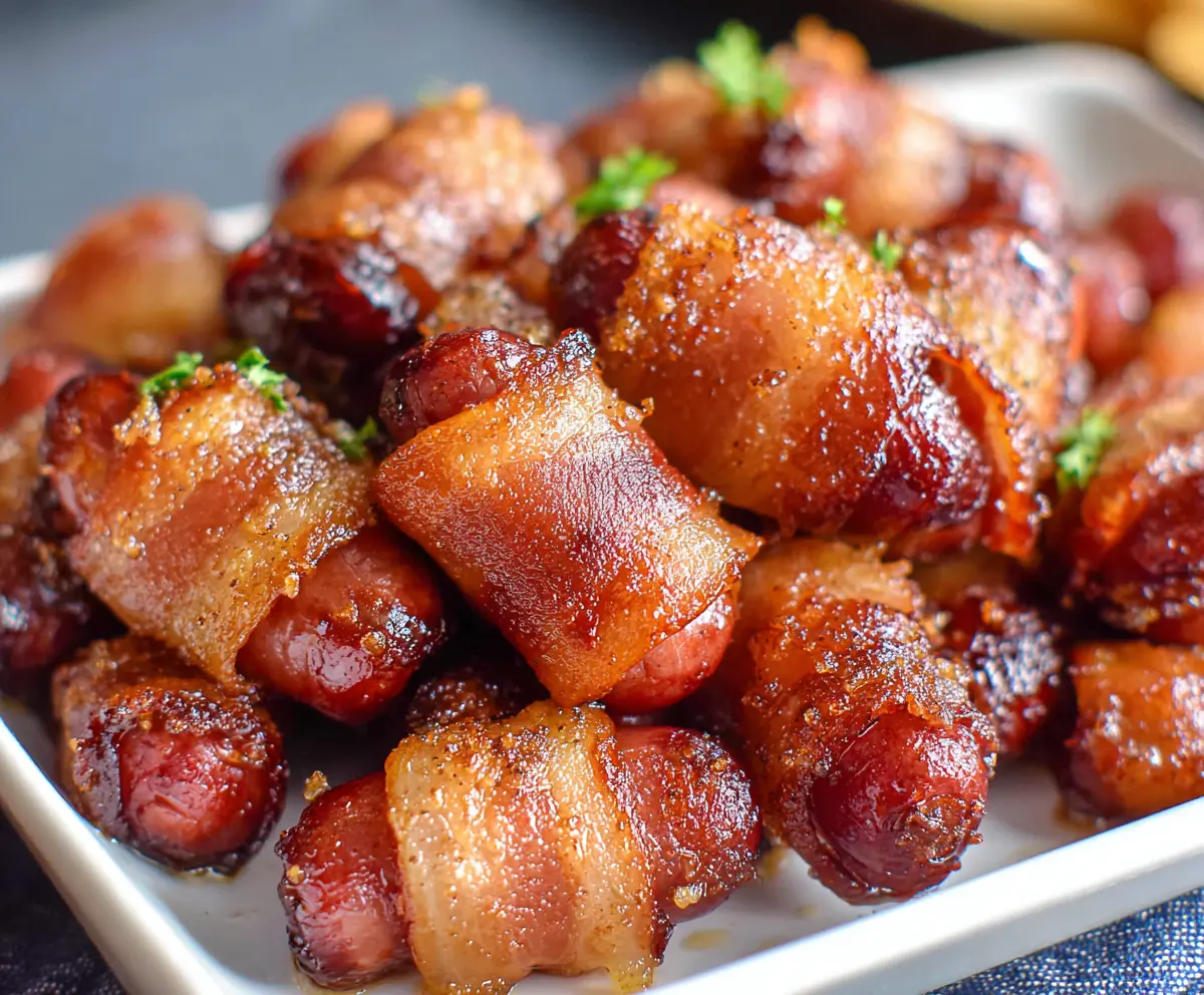 Delicious Brown Sugar Bacon Little Smokies appetizer on a plate