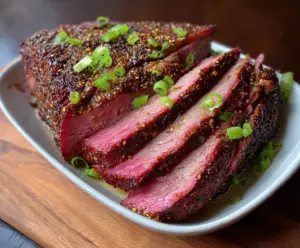Delicious Brown Sugar Dijon Corned Beef Brisket ready to serve, showcasing a perfectly cooked, tender and flavorful dish.