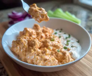 Creamy Buffalo Chicken Cottage Cheese bowl, a healthy spicy snack